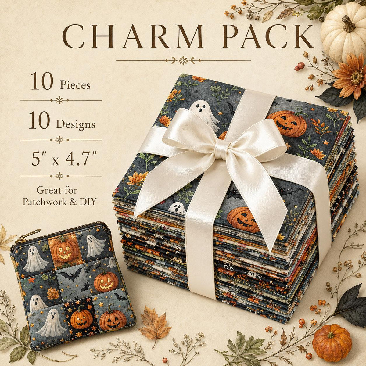 10pcs Charm Pack Set Ghost Pumpkin Halloween Vintage Style Pattern Handmade DIY with Rich Color and Texture Elements 100% Polyester Patchwork in 10 Design Styles Suitable for Patchwork DIY Craft Projects DIY Wallet Making Gift Giving Bag Making