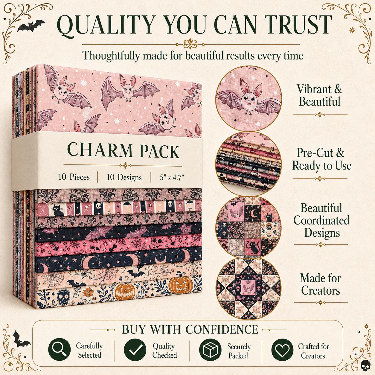 10pcs Charm Pack Set Bat Pumpkin Skull Halloween Vintage Style Pattern Handmade DIY with Rich Color and Texture Elements 100% Polyester Patchwork in 10 Design Styles Suitable for Patchwork DIY Craft Projects DIY Wallet Making Gift Giving Bag Making