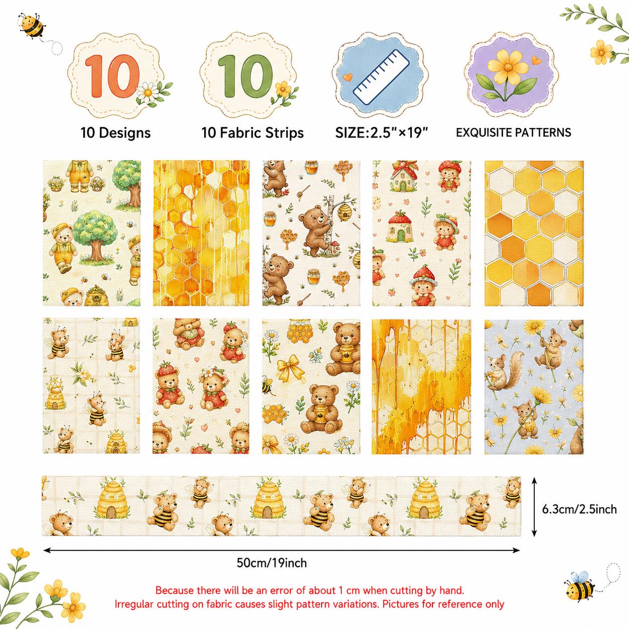 10Pc/Set, Making 10 Images 1pc Each, Each Size: 6.3*50cm Bear Honey Yellow Series Sliced Fabric Set Style Combination, Polyester Jelly Roll Fabric Strips, Pre-Cut Quilting Squares, For Quilting DIY, Handicrafts And Sewing, Blankets, Rugs