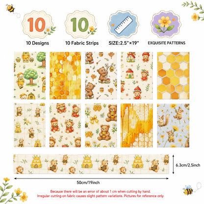 10Pc/Set, Making 10 Images 1pc Each, Each Size: 6.3*50cm Bear Honey Yellow Series Sliced Fabric Set Style Combination, Polyester Jelly Roll Fabric Strips, Pre-Cut Quilting Squares, For Quilting DIY, Handicrafts And Sewing, Blankets, Rugs