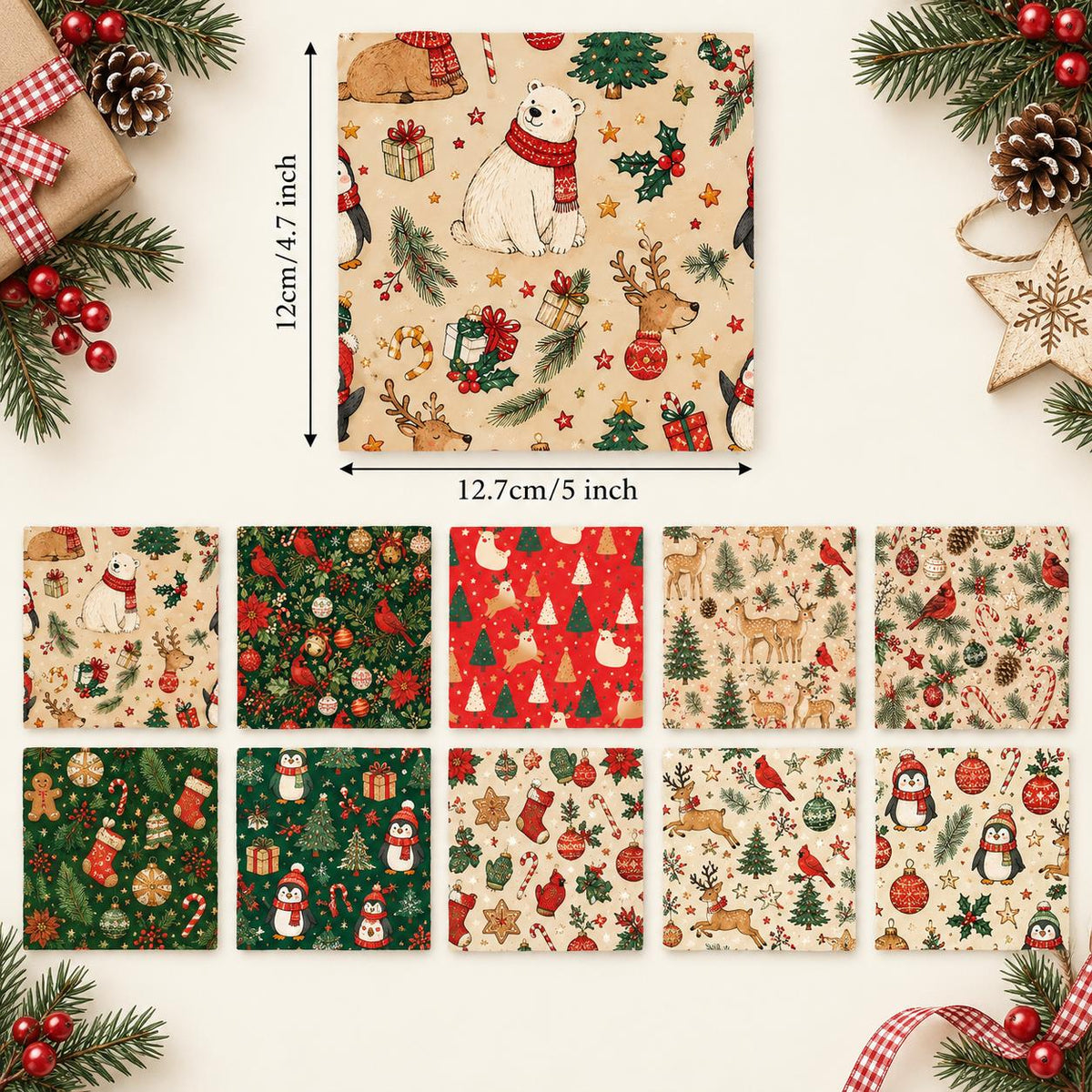 10Pc/Set Christmas Series Flower Bell Star Tree Penguin Bear Holly Crutch Pinecones Northern Cardinal Fat Quarter Fabric, Pre-Cut Square Fabric Assort, Fabric Set, Craft Fabric, Handmade DIY Patchwork Fabric,Home Quilting Sewing Fabric, Packaging Fabric,