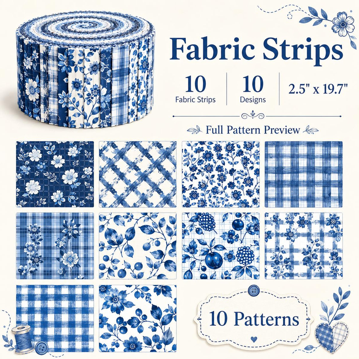 10pcs Vintage Floral Plaid Blue Pattern Jelly Roll Fabric Strips 2.5X19.7inch Pre-cut 100% Polyester for Patchwork Quilts, Table Runners, Placemats, Tote Bags, Storage Pouches, Makeup Bags, Coasters, Quilt Blocks & Binding Multi-color