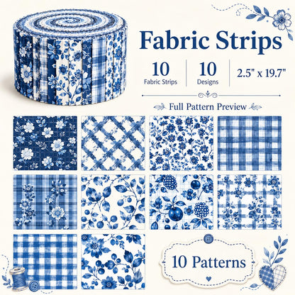 10pcs Vintage Floral Plaid Blue Pattern Jelly Roll Fabric Strips 2.5X19.7inch Pre-cut 100% Polyester for Patchwork Quilts, Table Runners, Placemats, Tote Bags, Storage Pouches, Makeup Bags, Coasters, Quilt Blocks & Binding Multi-color