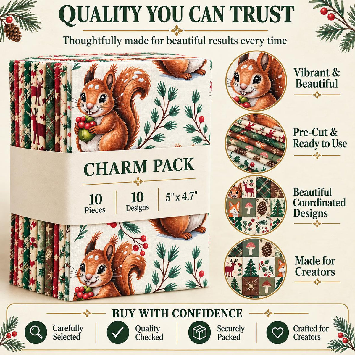 10Pc/Set Christmas Series Star Deer Fox Squirrel Holly Pinecones Fat Quarter Fabric, Pre-Cut Square Fabric Assort, Fabric Set, Craft Fabric, Handmade DIY Patchwork Fabric,Home Quilting Sewing Fabric, Packaging Fabric, Scrapbooking Craft Hobbyist