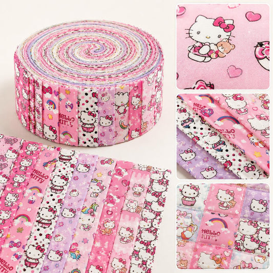 10pcs Vintage Sanrio Hello Kitty Pattern Jelly Roll Fabric Strips 2.5X19.7inch Pre-cut for Patchwork Quilts, Table Runners, Placemats, Tote Bags, Storage Pouches, Makeup Bags, Coasters, Quilt Blocks & Binding
