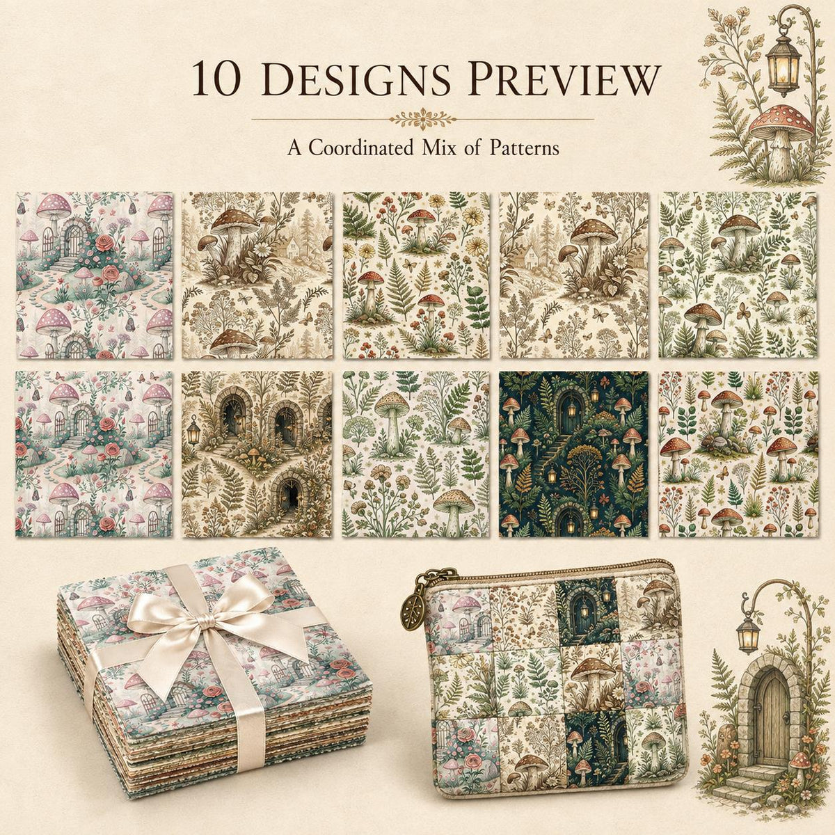 10pcs Charm Pack Set Mushroom Pattern 100% Polyester Patchwork in 10 Design Styles, Ready-to-Sew Without Cutting, Suitable For Patchwork Wallet Making Gift Giving Tote Bags Coasters DIY Craft Projects