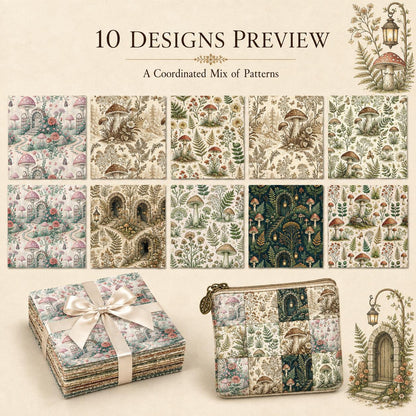 10pcs Charm Pack Set Mushroom Pattern 100% Polyester Patchwork in 10 Design Styles, Ready-to-Sew Without Cutting, Suitable For Patchwork Wallet Making Gift Giving Tote Bags Coasters DIY Craft Projects
