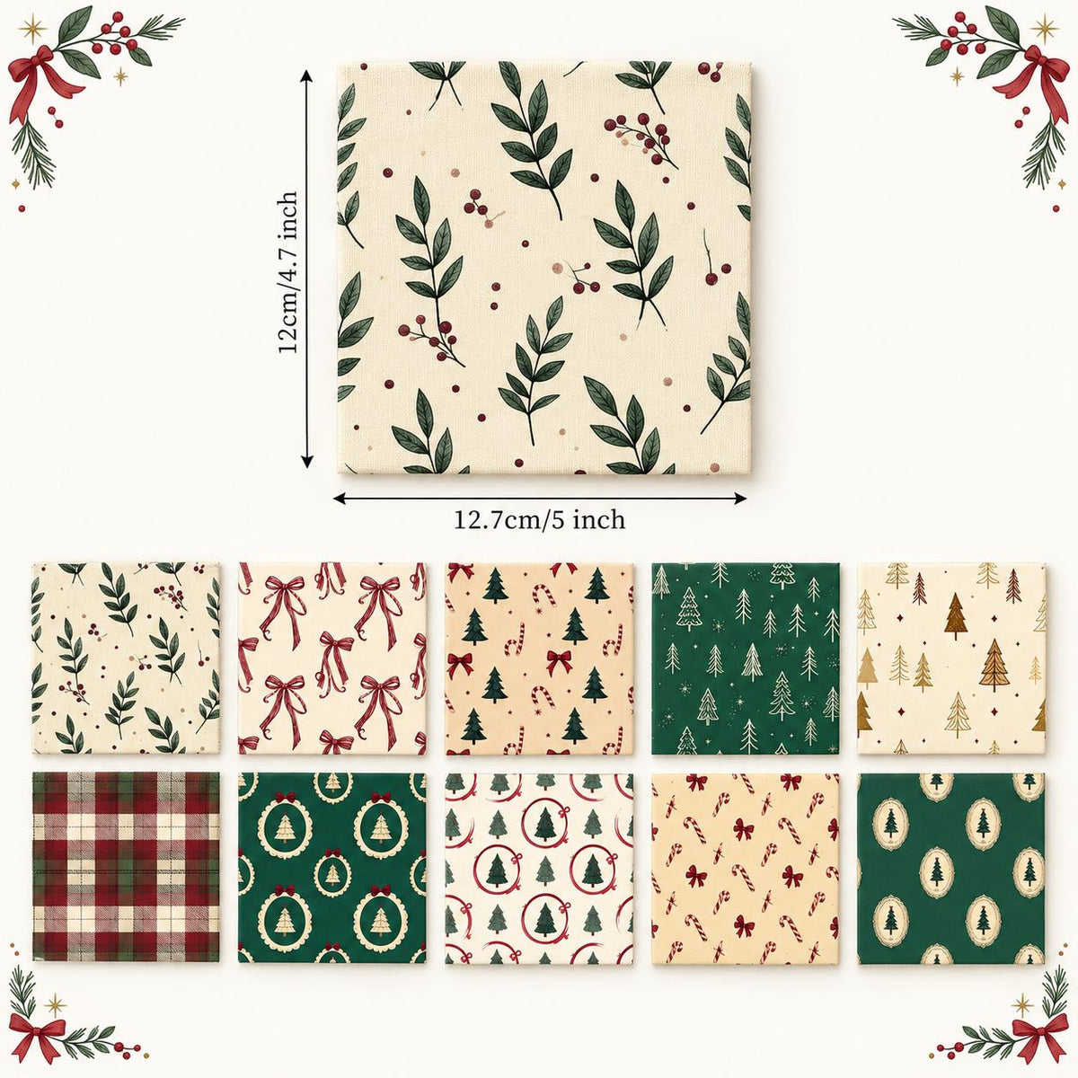 10Pc/Set Christmas Series Plaid Tree Bowknot Star Crutch Fat Quarter Fabric, Pre-Cut Square Fabric Assort, Fabric Set, Craft Fabric, Handmade DIY Patchwork Fabric,Home Quilting Sewing Fabric, Packaging Fabric, Scrapbooking Craft Hobbyist
