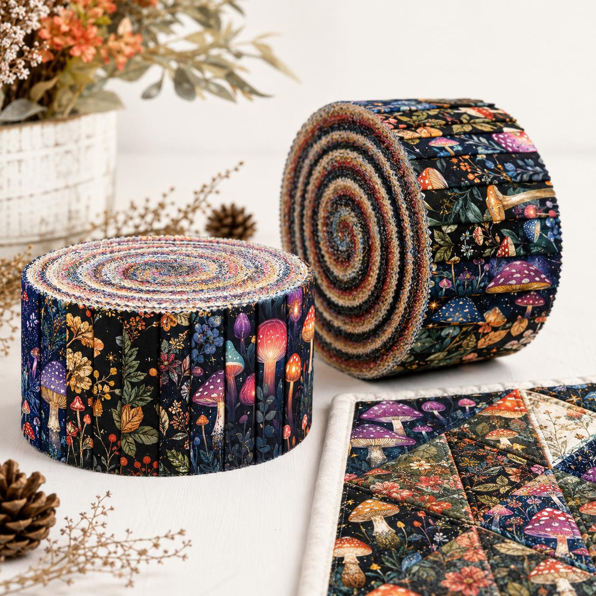 10pcs Vintage Mushroom Dark Pattern Jelly Roll Fabric Strips 2.5X19.7inch Pre-Cut 100% Polyester For Patchwork Quilts, Table Runners, Placemats, Tote Bags, Storage Pouches, Makeup Bags, Coasters, Quilt Blocks & Binding