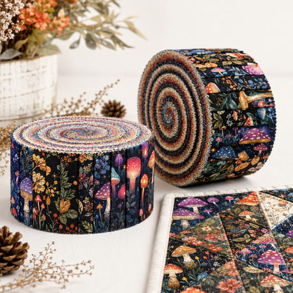 10pcs Vintage Mushroom Dark Pattern Jelly Roll Fabric Strips 2.5X19.7inch Pre-Cut 100% Polyester For Patchwork Quilts, Table Runners, Placemats, Tote Bags, Storage Pouches, Makeup Bags, Coasters, Quilt Blocks & Binding