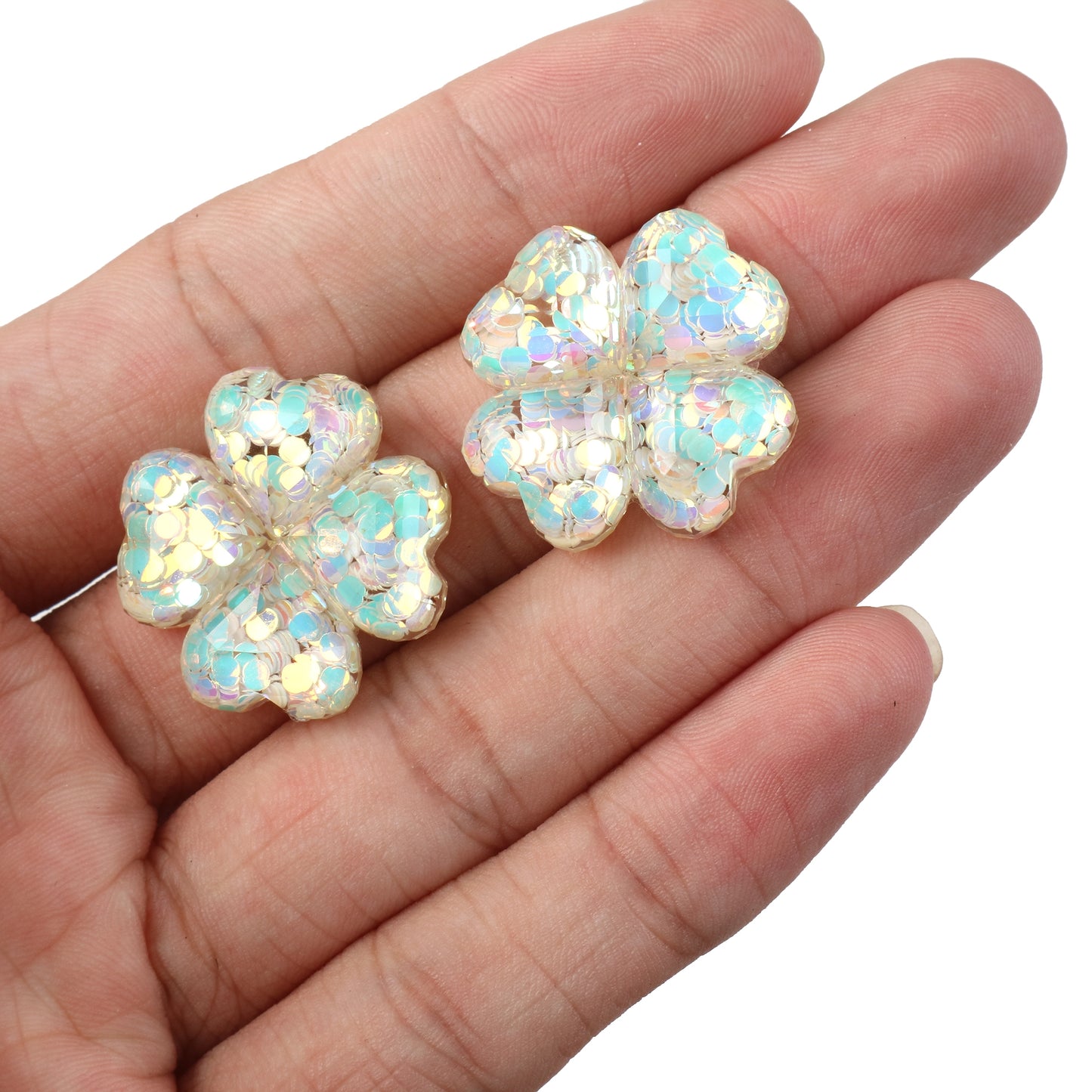 5Pcs Clover Shamrock Shaped Acrylic Charms,Random Colors,Transparent Glitter 3D Flatback Resin Cabochons for DIY Jewelry, Earrings, Bracelets, Keychains, Festive Decor, Homemade Gifts, Phone Cases,  Hair Accessories - Crafting Accessories