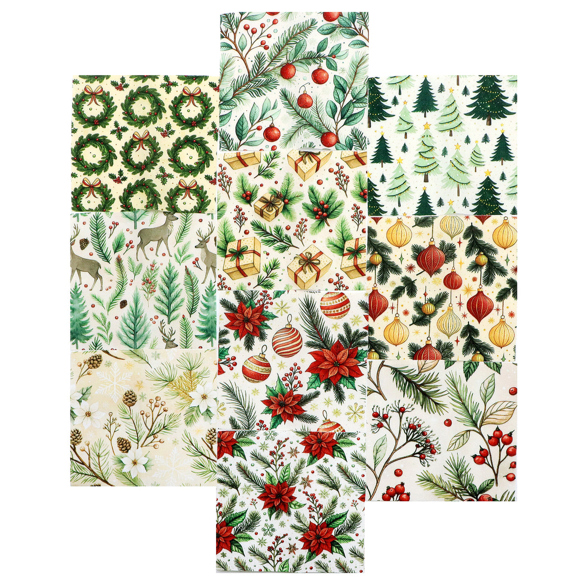 10Pc/Set Christmas Series Bowknot Star Flower Deer Holly Christmas Tree Fat Quarter Fabric, Pre-Cut Square Fabric Assort, Fabric Set, Craft Fabric, Handmade DIY Patchwork Fabric,Home Quilting Sewing Fabric, Packaging Fabric, Scrapbooking Craft Hobbyist