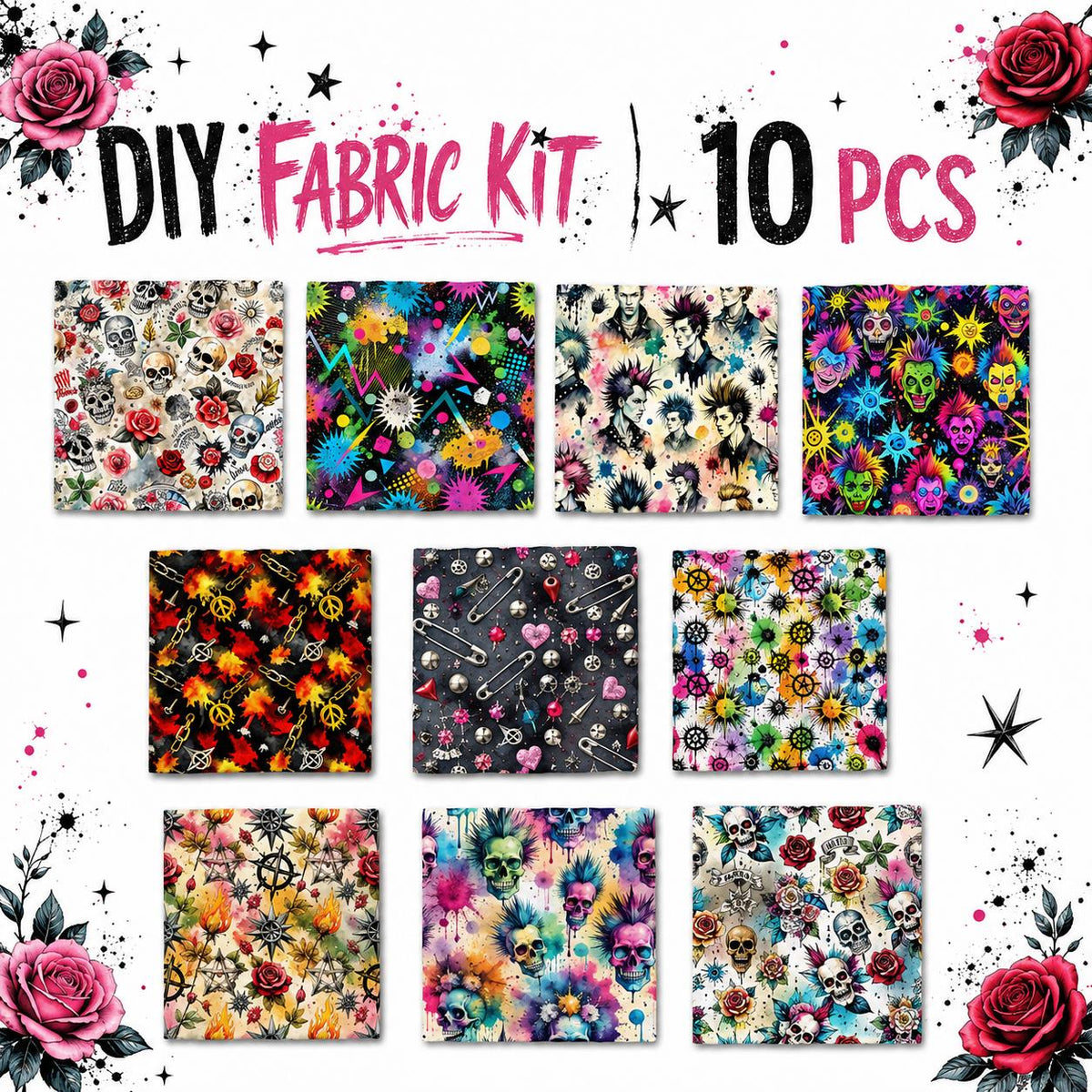 10Pc/Set Halloween Series Flower Skull Rose Fat Quarter Fabric, Pre-Cut Square Fabric Assort, Fabric Set, Craft Fabric, Handmade DIY Patchwork Fabric,Home Quilting Sewing Fabric, Packaging Fabric, Scrapbooking Craft Hobbyist