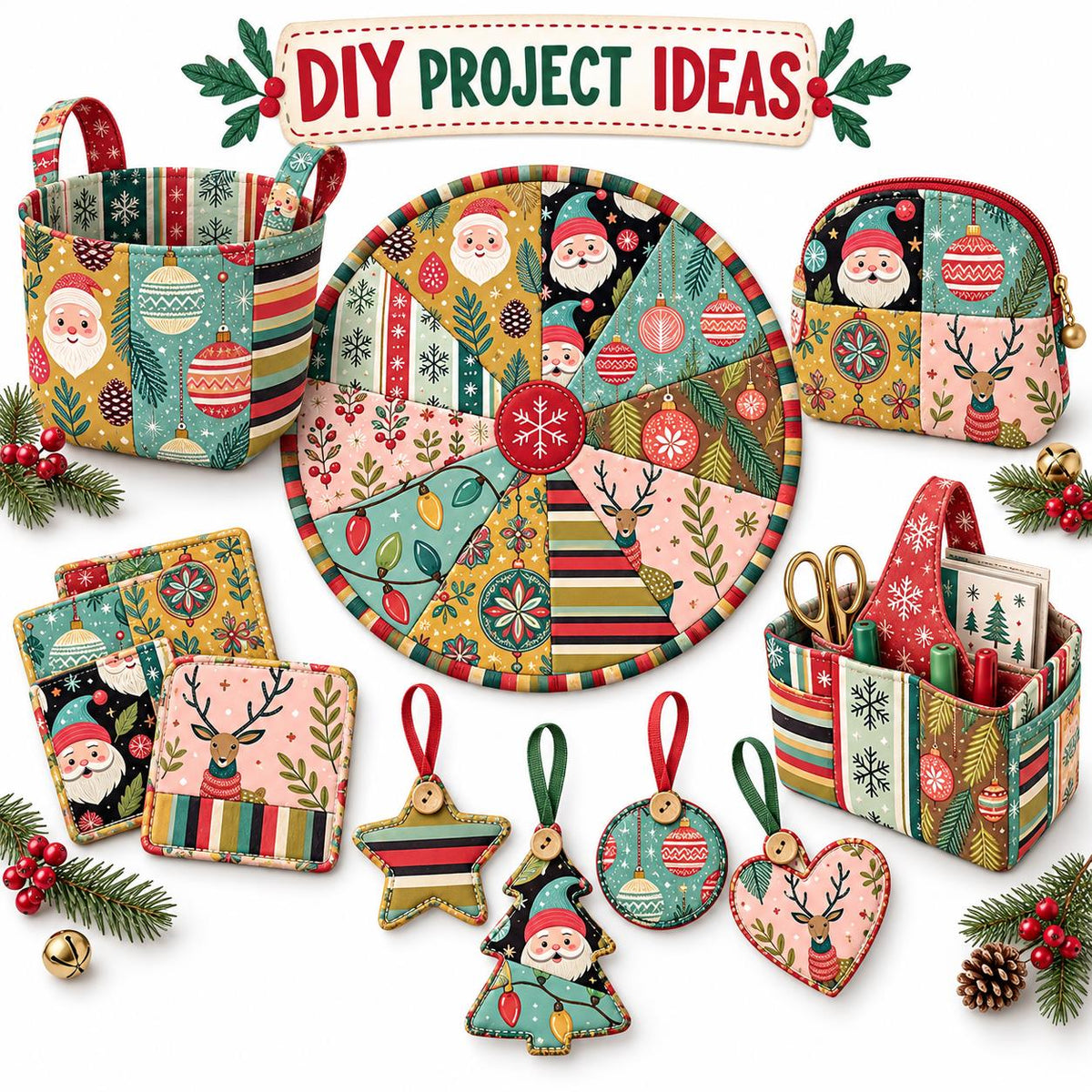 10Pc/Set Christmas Series Stripe Deer Santa Claus Tree Pinecones Fat Quarter Fabric, Pre-Cut Square Fabric Assort, Fabric Set, Craft Fabric, Handmade DIY Patchwork Fabric,Home Quilting Sewing Fabric, Packaging Fabric, Scrapbooking Craft Hobbyist