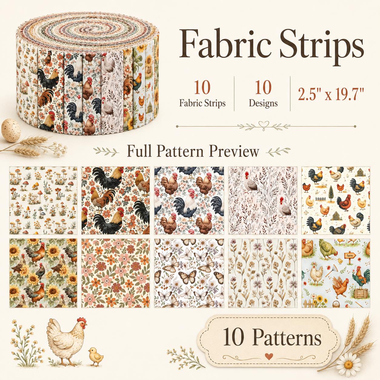 10Pc/Set, Making 10 Images 1pc Each, Each Size: 6.3*50cm Floral Butterfly Rooster Series Sliced Fabric Set Style Combination, Polyester Jelly Roll Fabric Strips, Pre-Cut Quilting Squares, For Quilting DIY, Handicrafts And Sewing, Blankets, Rugs