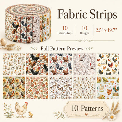 10Pc/Set, Making 10 Images 1pc Each, Each Size: 6.3*50cm Floral Butterfly Rooster Series Sliced Fabric Set Style Combination, Polyester Jelly Roll Fabric Strips, Pre-Cut Quilting Squares, For Quilting DIY, Handicrafts And Sewing, Blankets, Rugs