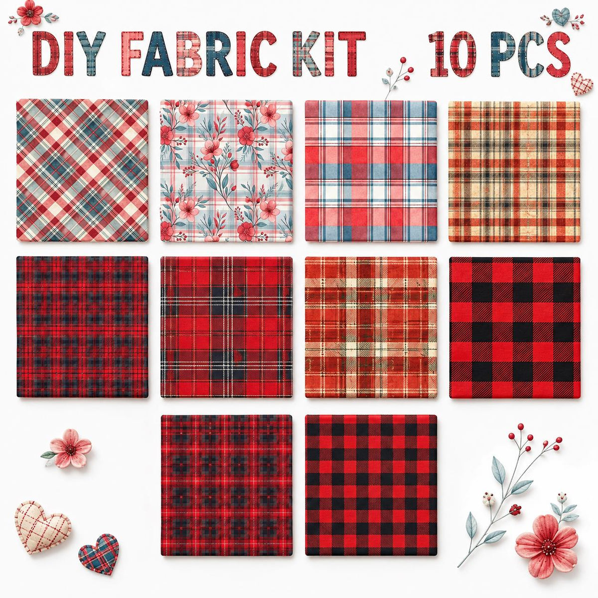 10Pc/Set Christmas Plaid Series Flower Fat Quarter Fabric, Pre-Cut Square Fabric Assort, Fabric Set, Craft Fabric, Handmade DIY Patchwork Fabric,Home Quilting Sewing Fabric, Packaging Fabric, Scrapbooking Craft Hobbyist