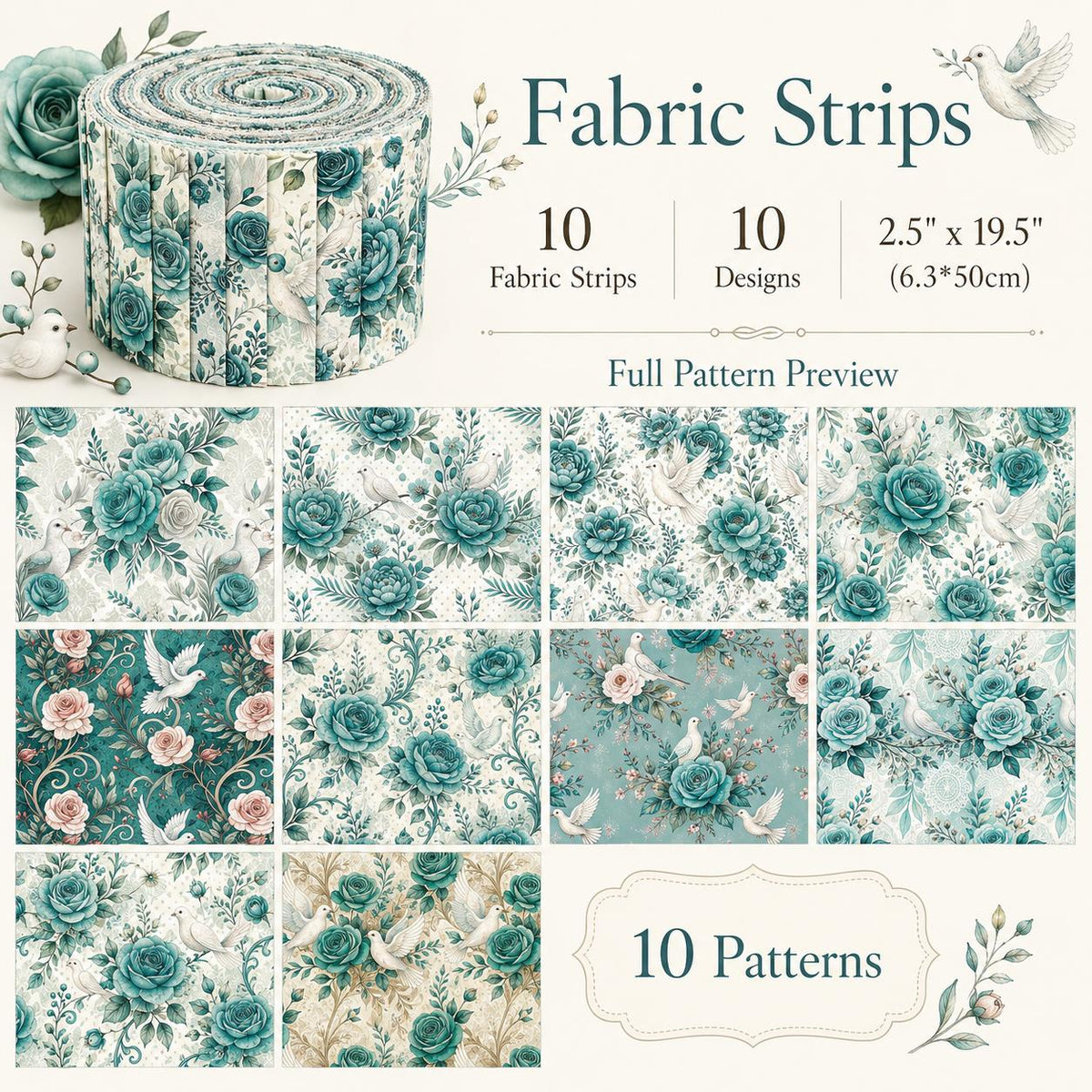10pcs Vintage Blue Floral Burgundy Pattern Jelly Roll Fabric Strips 2.5X19.7inch Pre-Cut 100% Polyester For Patchwork Quilts, Table Runners, Placemats, Tote Bags, Storage Pouches, Makeup Bags, Coasters, Quilt Blocks & Binding