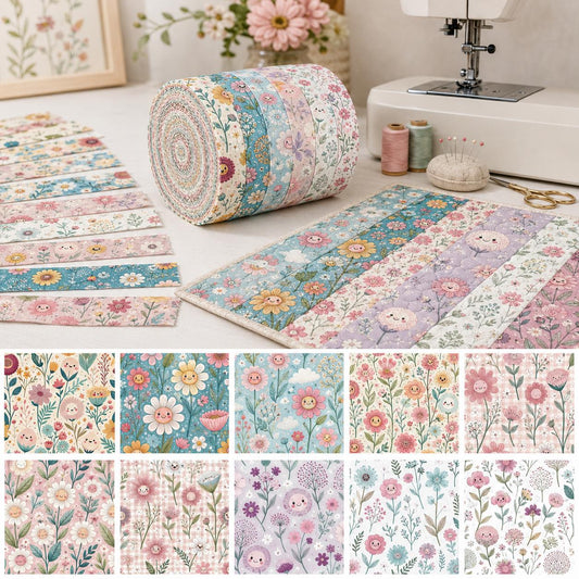 10pcs Vintage Floral Sunflower Pattern Jelly Roll Fabric Strips 2.5X19.7inch Pre-Cut 100% Polyester For Patchwork Quilts, Table Runners, Placemats, Tote Bags, Storage Pouches, Makeup Bags, Coasters, Quilt Blocks & Binding