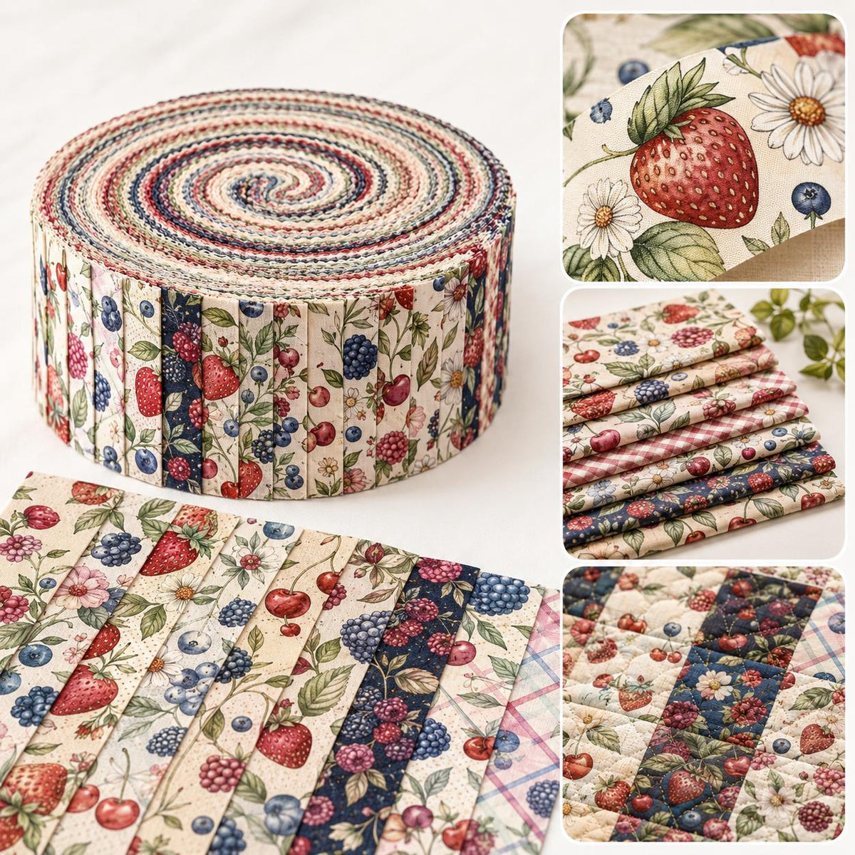 10pcs Vintage Strawberry Blueberry Floral Pattern Jelly Roll Fabric Strips 2.5X19.7inch Pre-Cut 100% Polyester For Patchwork Quilts, Table Runners, Placemats, Tote Bags, Storage Pouches, Makeup Bags, Coasters, Quilt Blocks & Binding