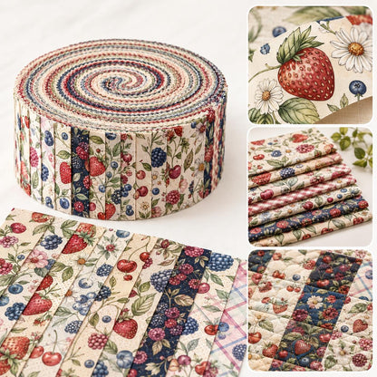 10pcs Vintage Strawberry Blueberry Floral Pattern Jelly Roll Fabric Strips 2.5X19.7inch Pre-Cut 100% Polyester For Patchwork Quilts, Table Runners, Placemats, Tote Bags, Storage Pouches, Makeup Bags, Coasters, Quilt Blocks & Binding