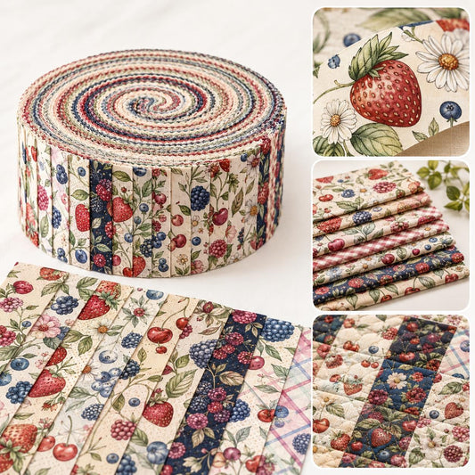 10pcs Vintage Strawberry Blueberry Floral Pattern Jelly Roll Fabric Strips 2.5X19.7inch Pre-Cut 100% Polyester For Patchwork Quilts, Table Runners, Placemats, Tote Bags, Storage Pouches, Makeup Bags, Coasters, Quilt Blocks & Binding