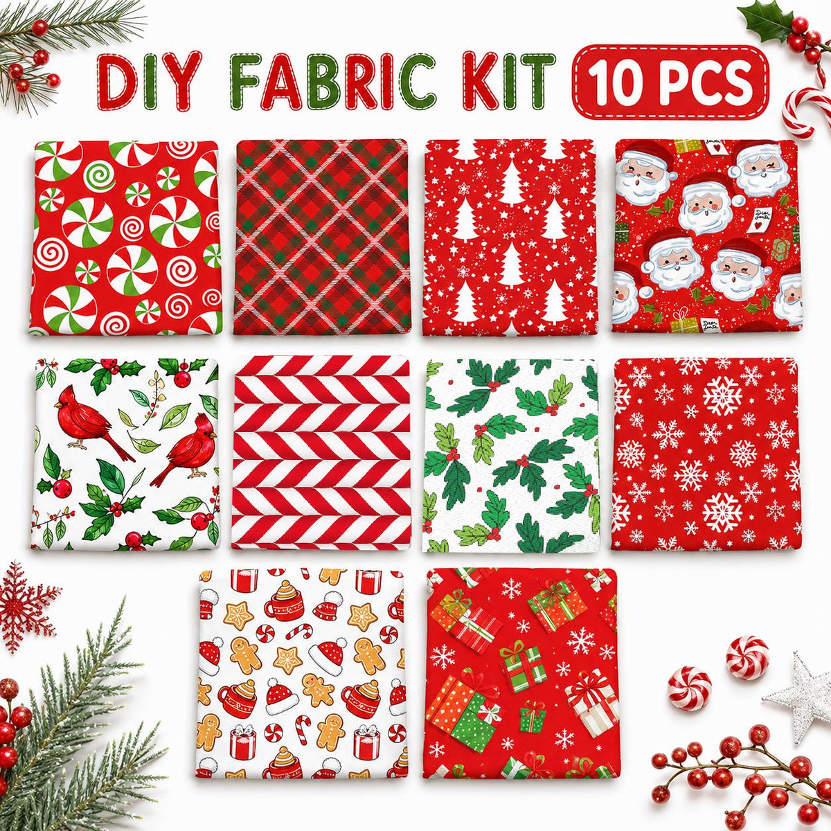 10pcs Charm Pack Set Holly Santa Christmas Pattern Vintage Style Handmade DIY with Rich Color and Texture Elements 100% Polyester Patchwork in 10 Design Styles Suitable for Patchwork DIY Craft Projects DIY Wallet Making Gift Giving Bag Making Mother's Day