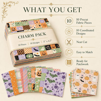 10pcs Charm Pack Set Bat Pumpkin Halloween Pattern Vintage Style Handmade DIY with Rich Color and Texture Elements 100% Polyester Patchwork in 10 Design Styles Suitable for Patchwork DIY Craft Projects DIY Wallet Making Gift Giving Bag Making Mother's Day
