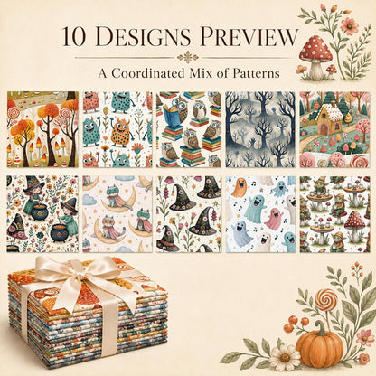 10Pc/Set Halloween Series Flower Owl Skull Pumpkin Witch Mushroom Cat Fat Quarter Fabric, Pre-Cut Square Fabric Assort, Fabric Set, Craft Fabric, Handmade DIY Patchwork Fabric,Home Quilting Sewing Fabric, Packaging Fabric, Scrapbooking Craft Hobbyist