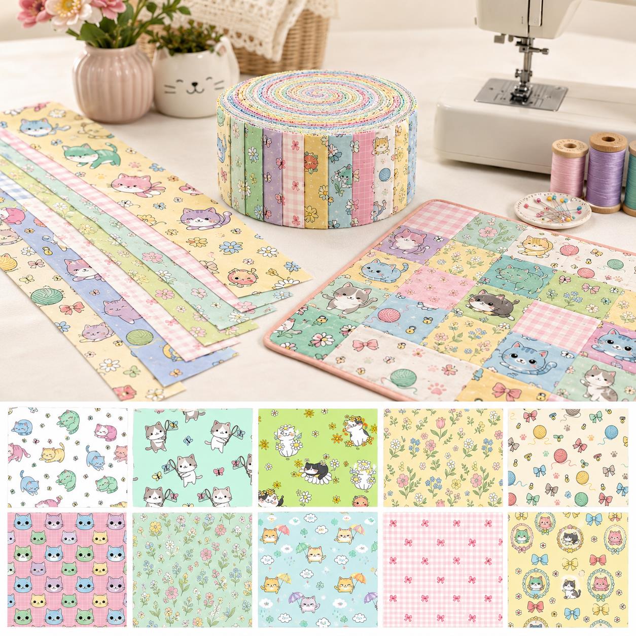 10pcs Vintage Floral Cat Pattern Jelly Roll Fabric Strips 2.5X19.7inch Pre-Cut 100% Polyester For Patchwork Quilts, Table Runners, Placemats, Tote Bags, Storage Pouches, Makeup Bags, Coasters, Quilt Blocks & Binding
