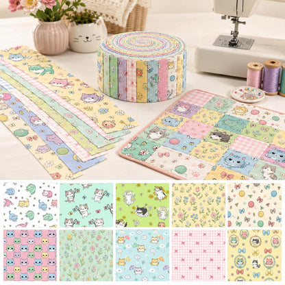10pcs Vintage Floral Cat Pattern Jelly Roll Fabric Strips 2.5X19.7inch Pre-Cut 100% Polyester For Patchwork Quilts, Table Runners, Placemats, Tote Bags, Storage Pouches, Makeup Bags, Coasters, Quilt Blocks & Binding