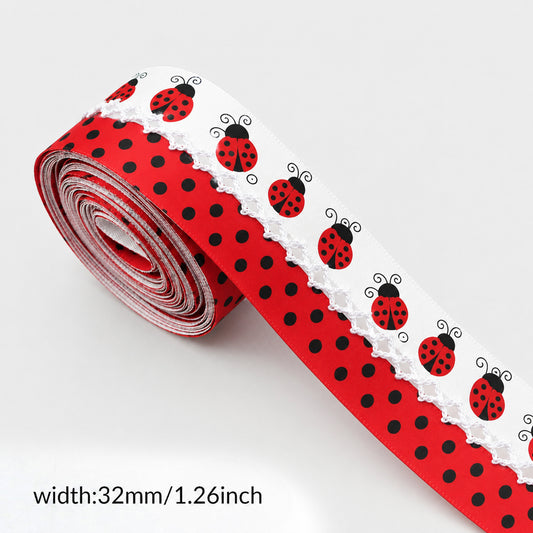 5 Yards Ladybug Dots Pattern Ribbon, Width 32mm/1.26-Inch, Two Ribbon Equipped with White Center Hook Edge, Ideal for Showcasing Jewelry And Wrapping Gifts, Creating Bows, Holiday Decorations