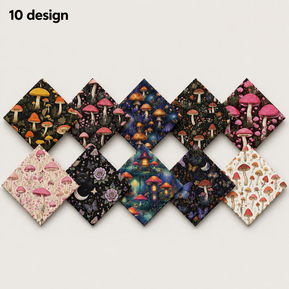 10Pc/Set Mushroom Series Flower Butterfly Cat Strawberry Moon Fat Quarter Fabric, Pre-Cut Square Fabric Assort, Fabric Set, Craft Fabric, Handmade DIY Patchwork Fabric,Home Quilting Sewing Fabric, Packaging Fabric, Scrapbooking Craft Hobbyist