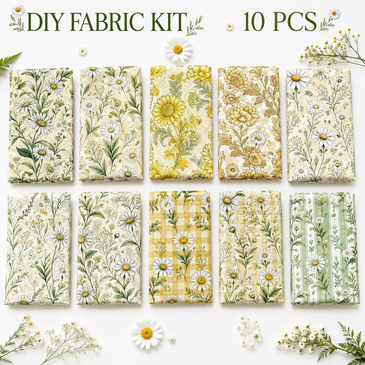 10Pc/Set Flower Series Daisy Plaid Fat Quarter Fabric, Pre-Cut Square Fabric Assort, Fabric Set, Craft Fabric, Handmade DIY Patchwork Fabric,Home Quilting Sewing Fabric, Packaging Fabric, Scrapbooking Craft Hobbyist