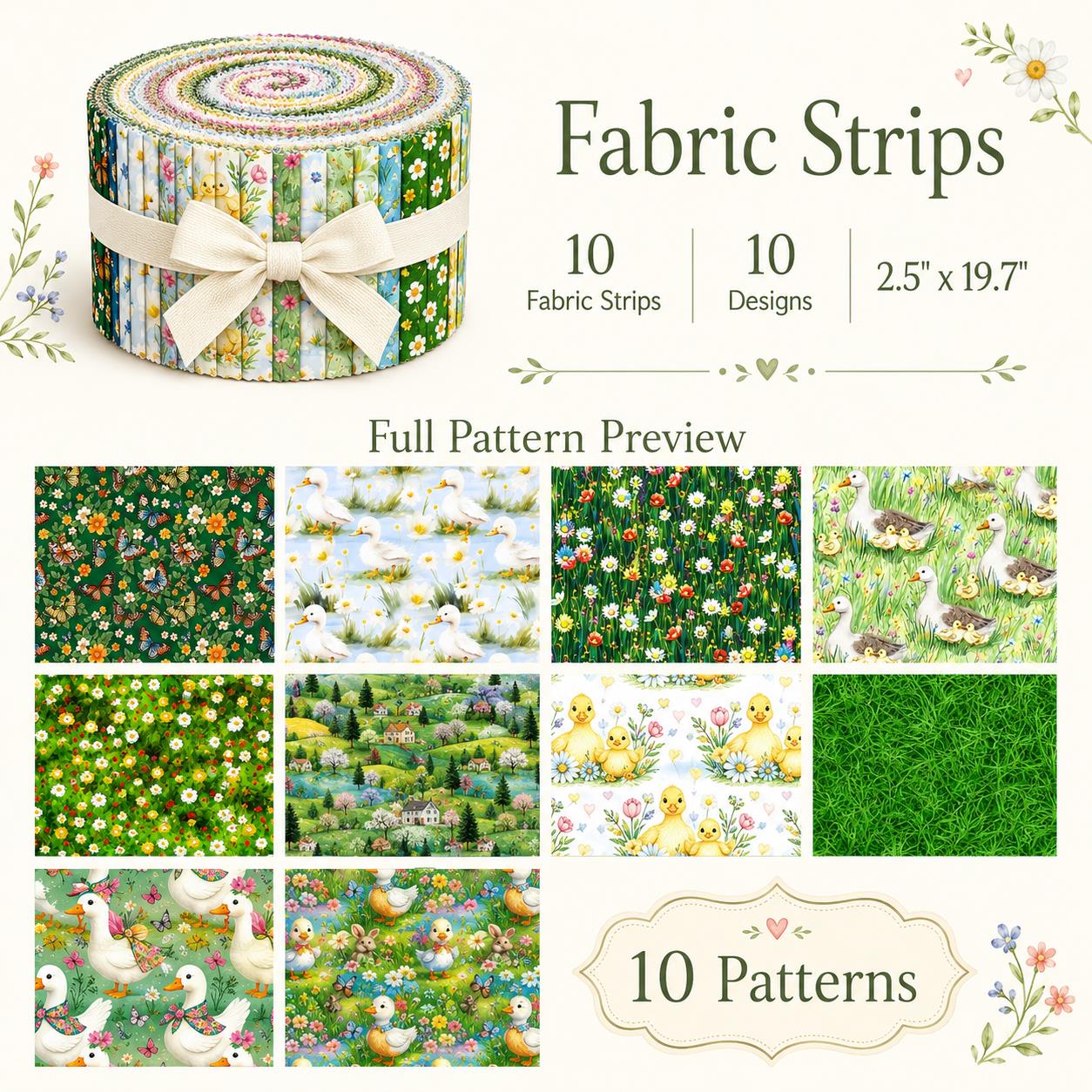 10pcs Vintage Duck Grass Jelly Roll Fabric Strips 2.5X19.7inch Pre-Cut 100% Polyester For Patchwork Quilts, Table Runners, Placemats, Tote Bags, Storage Pouches, Makeup Bags, Coasters, Quilt Blocks & Binding Birthday Gift