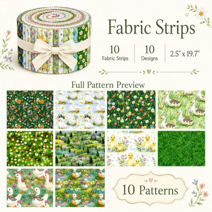 10pcs Vintage Duck Grass Jelly Roll Fabric Strips 2.5X19.7inch Pre-Cut 100% Polyester For Patchwork Quilts, Table Runners, Placemats, Tote Bags, Storage Pouches, Makeup Bags, Coasters, Quilt Blocks & Binding Birthday Gift