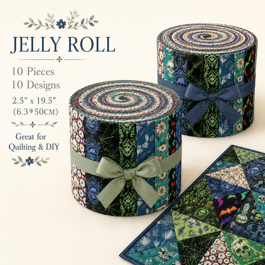 10pcs Vintage Green Skull Bat Halloween Theme Jelly Roll Fabric Strips 2.5X19.7inch Pre-Cut 100% Cotton For Patchwork Quilts, Table Runners, Placemats, Tote Bags, Storage Pouches, Makeup Bags, Coasters, Quilt Blocks & Binding