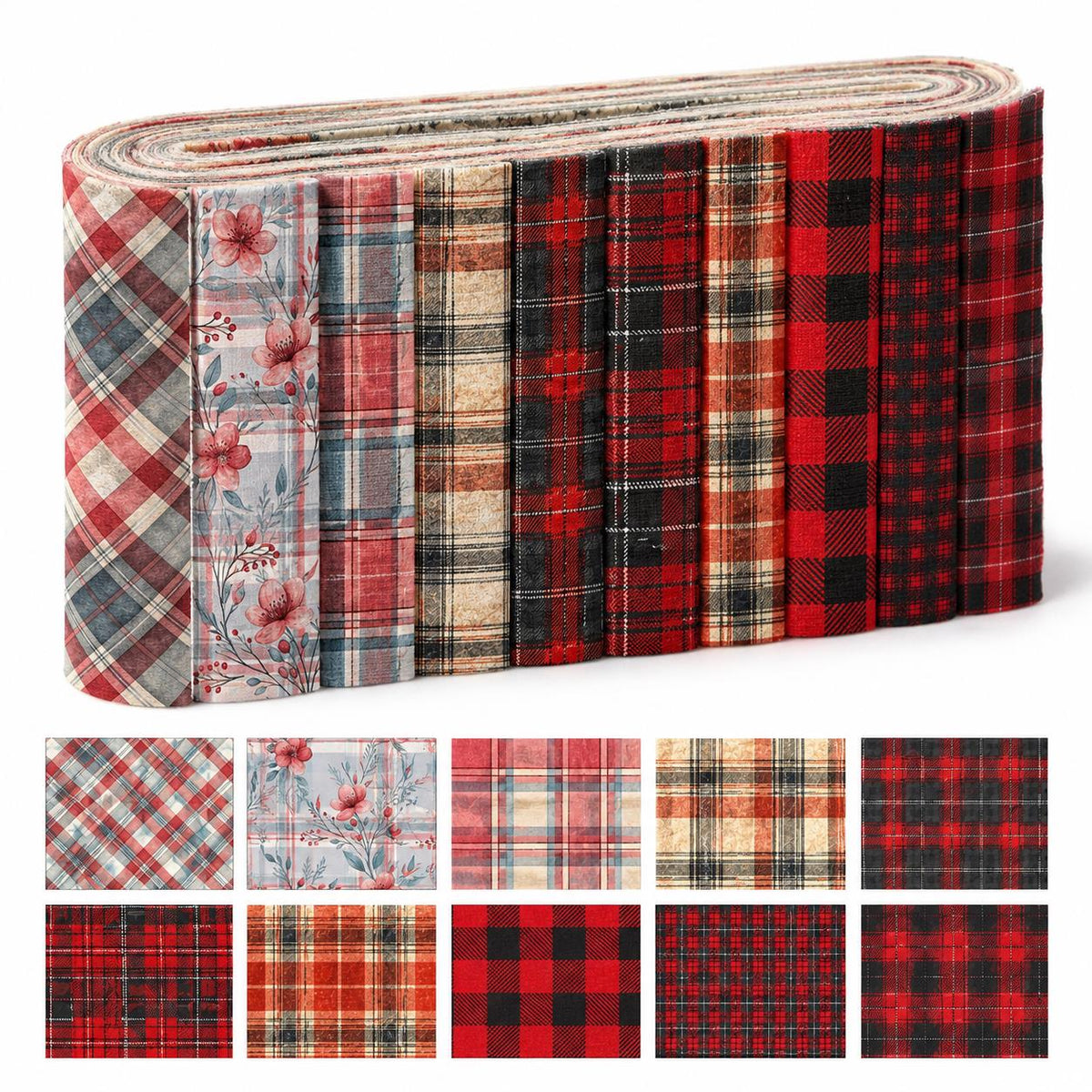10pcs Vintage Plaid Red Floral Pattern Jelly Roll Fabric Strips 2.5X19.7inch Pre-Cut 100% Polyester For Patchwork Quilts, Table Runners, Placemats, Tote Bags, Storage Pouches, Makeup Bags, Coasters, Quilt Blocks & Binding