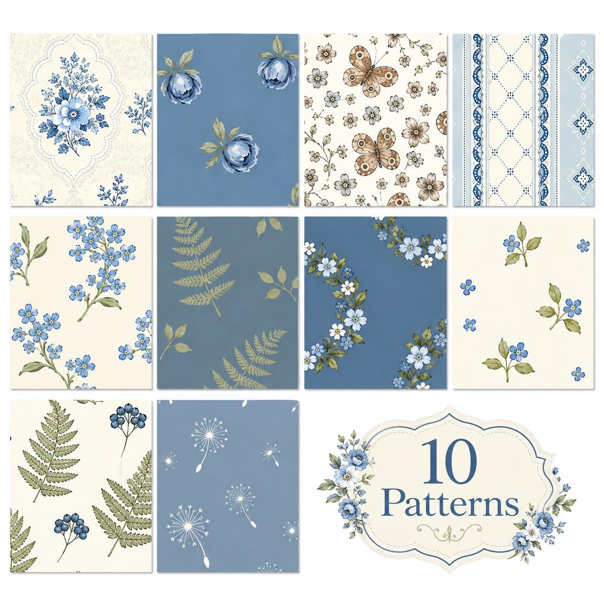 10pcs Vintage Floral Blue & White Pattern Purple Jelly Roll Fabric Strips 2.5X19.7inch Pre-cut 100% Polyester for Patchwork Quilts, Table Runners, Placemats, Tote Bags, Storage Pouches, Makeup Bags, Coasters, Quilt Blocks & Binding