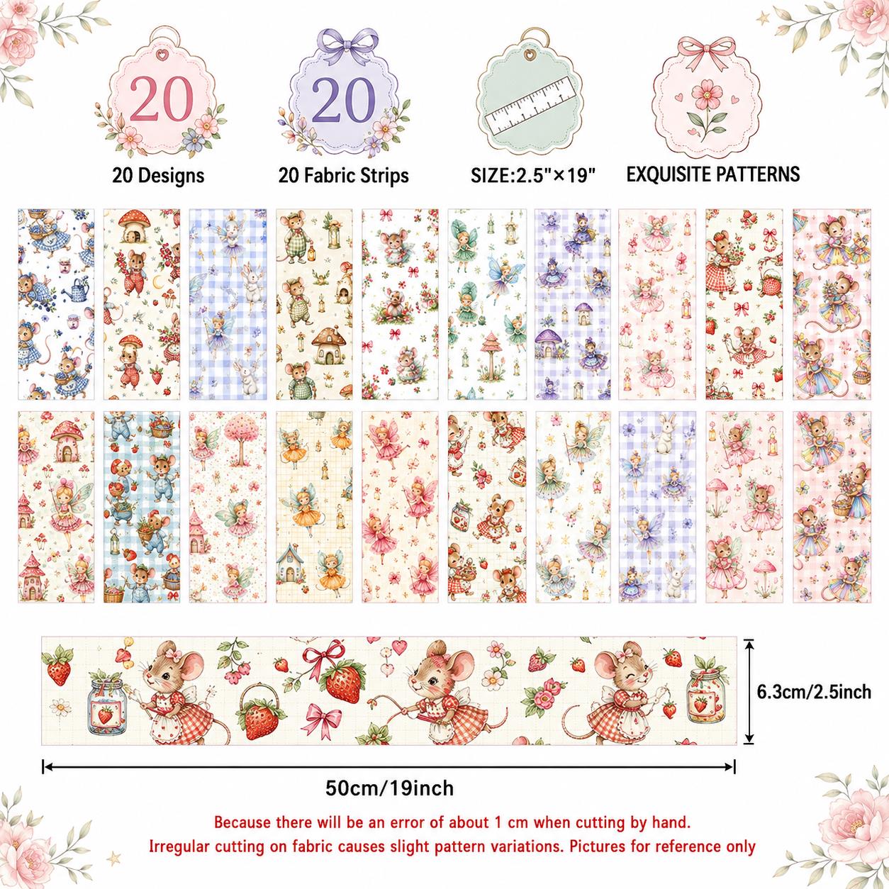 20pcs Vintage Mouse Fruit Jelly Roll Sliced Fabric Strips 2.5X19.7inch Pre-cut Fresh and Delicate Printed Multi-Color 100% Polyester for DIY Handmade Patchwork, Table Runners, Placemats, Tote Bags, Storage Pouches, Makeup Bags, Coasters, Quilt Blocks