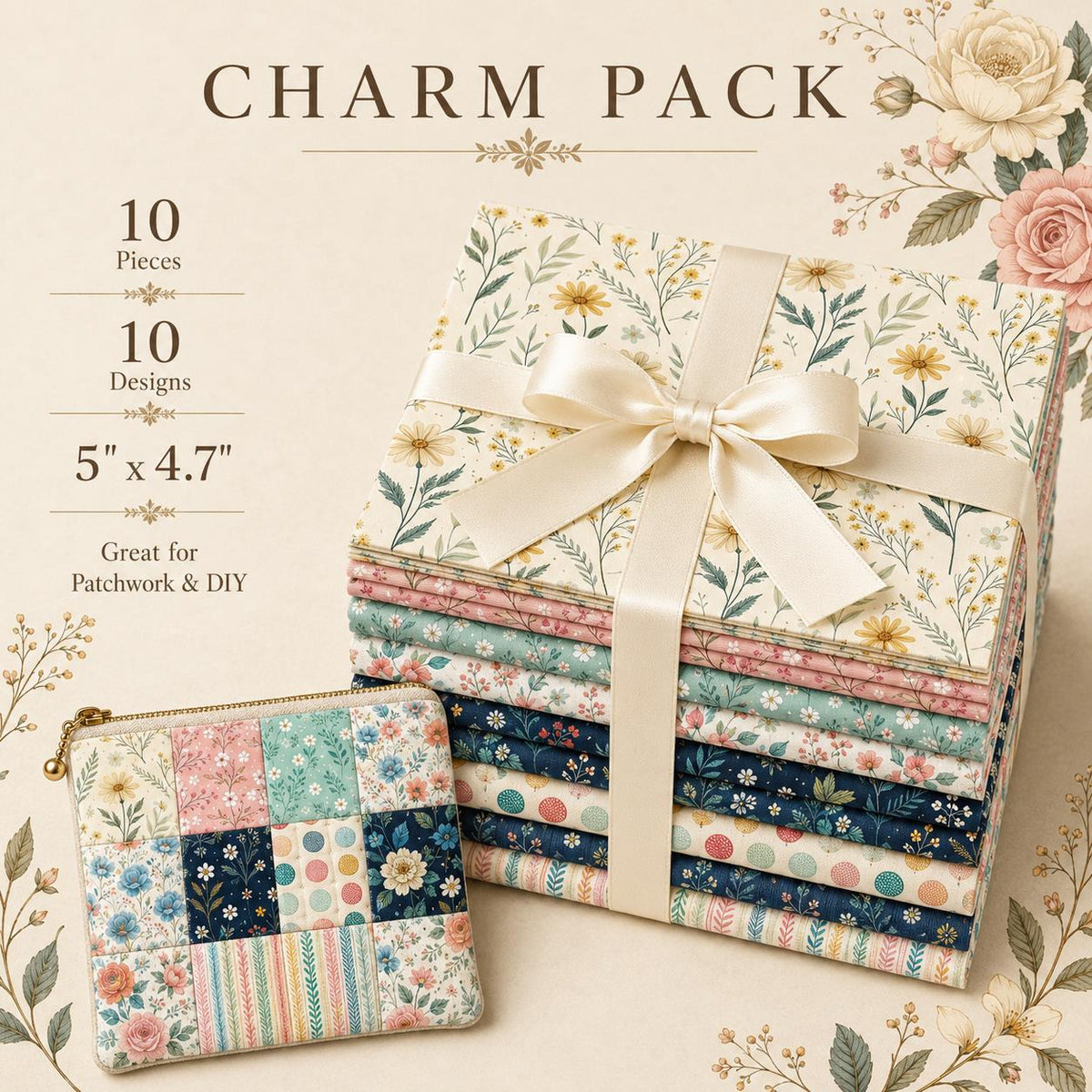10pcs Charm Pack Set Floral Pattern Vintage Style Handmade DIY with Rich Color and Texture Elements 100% Polyester Patchwork in 10 Design Styles Suitable for Patchwork DIY Craft Projects DIY Wallet Making Gift Giving Bag Making Mother's Day Gift