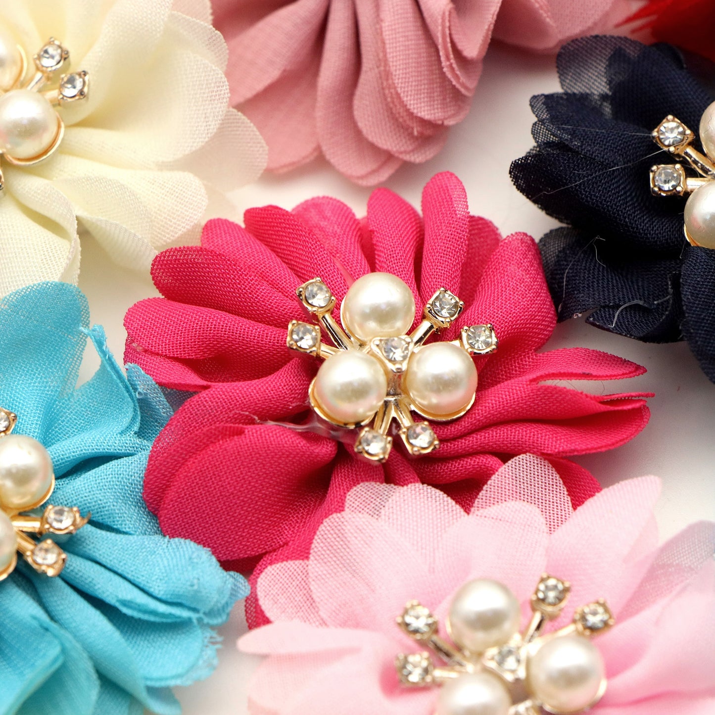 12Pcs/set Chiffon Fabric Flowers with Faux Pearl Center, 1.96inch Polyester Hair Accessories for DIY Hairbands, Headbands, Dresses, Sandals, Hats - Casual Style, Woven, Festive Decorations