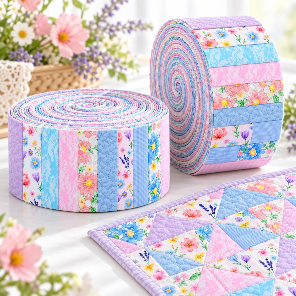 10Pc/Set, Making 10 Images 1pc Each, Each Size: 6.3*50cm Floral Mesh Gauze Lace Series Sliced Fabric Set Style Combination, Polyester Jelly Roll Fabric Strips, Pre-Cut Quilting Squares, For Quilting DIY, Handicrafts And Sewing, Blankets, Rugs, Interior De