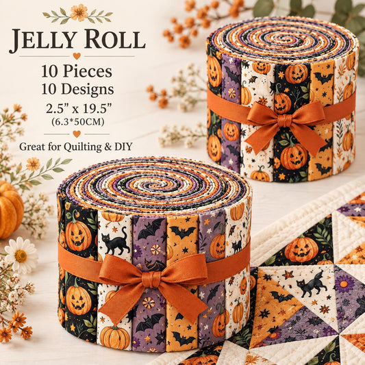 10pcs Vintage Halloween Bat Ghost Pattern Jelly Roll Fabric Strips 2.5X19.7inch Pre-Cut 100% Polyester For Patchwork Quilts, Table Runners, Placemats, Tote Bags, Storage Pouches, Makeup Bags, Coasters, Quilt Blocks & Binding