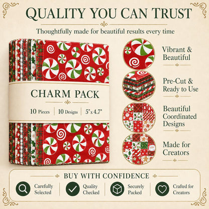 10pcs Charm Pack Set Holly Santa Christmas Pattern Vintage Style Handmade DIY with Rich Color and Texture Elements 100% Polyester Patchwork in 10 Design Styles Suitable for Patchwork DIY Craft Projects DIY Wallet Making Gift Giving Bag Making Mother's Day