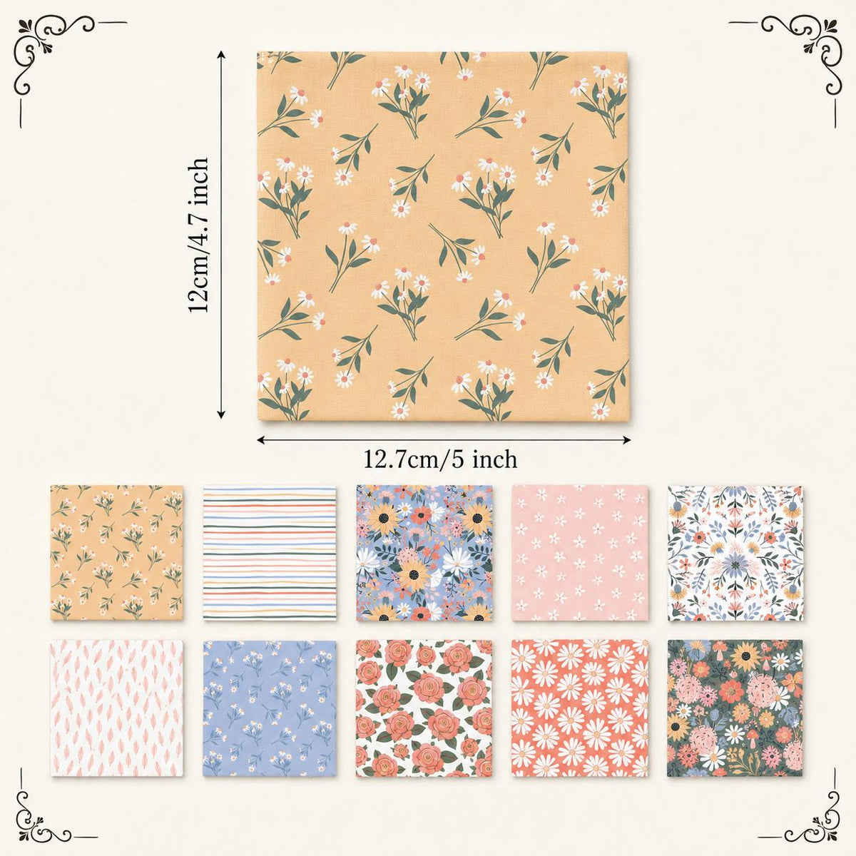10pcs Charm Pack Set Floral Pattern Vintage Style Handmade DIY with Rich Color and Texture Elements 100% Polyester Patchwork in 10 Design Styles Suitable for Patchwork DIY Craft Projects DIY Wallet Making Gift Giving Bag Making Mother's Day Gift