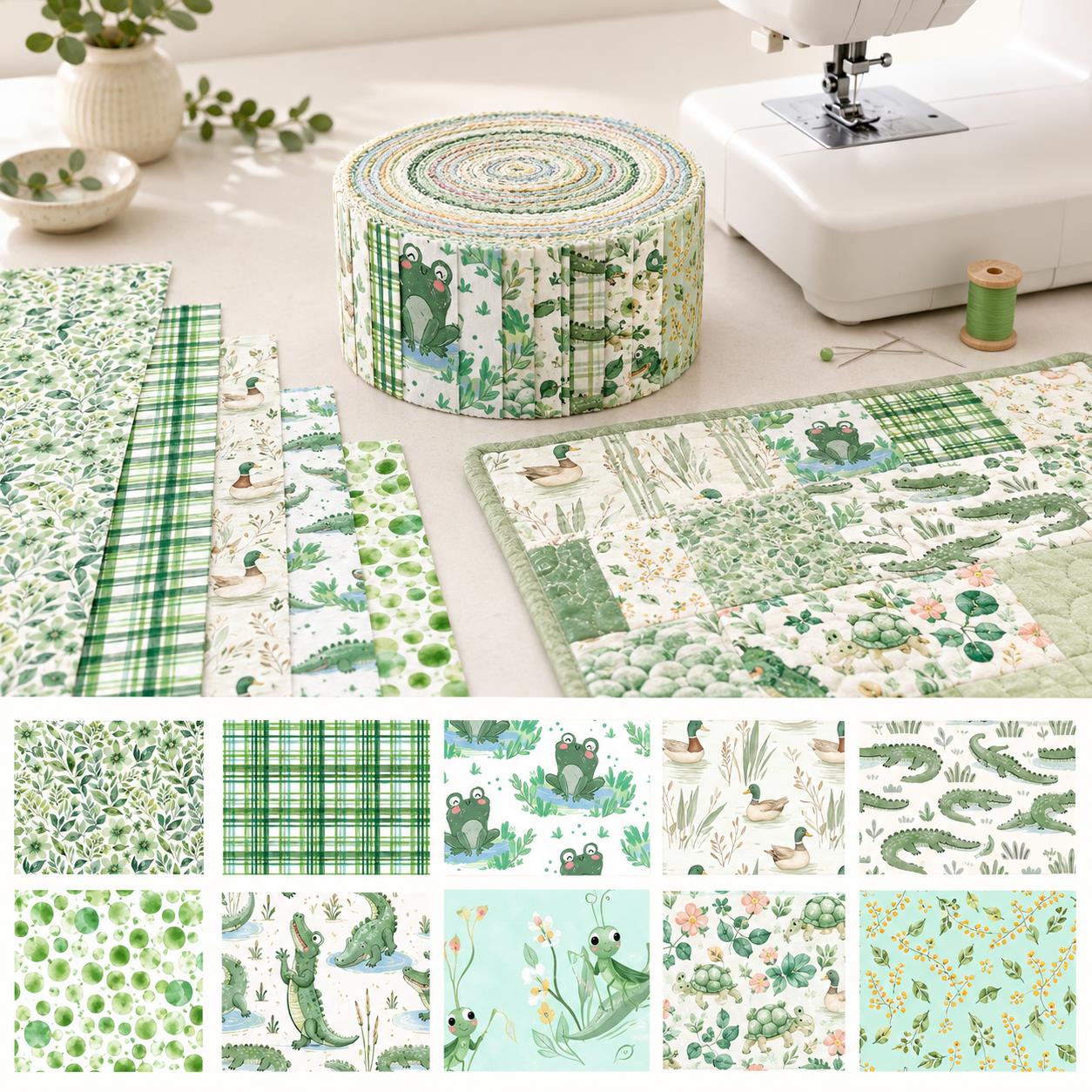 10Pc/Set, Making 10 Images 1pc Each, Each Size: 6.3*50cm Animal Frog Green Series Sliced Fabric Set Style Combination, Polyester Jelly Roll Fabric Strips, Pre-Cut Quilting Squares, For Quilting DIY, Handicrafts And Sewing, Blankets, Rugs