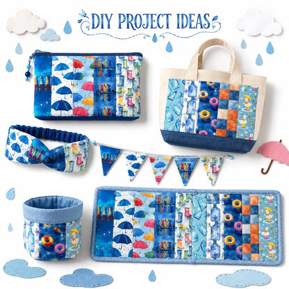 10Pc/Set, Making 10 Images 1pc Each, Each Size: 6.3*50cm Cat Bottle Raining Umbrella Blue Series Sliced Fabric Set Style Combination, Polyester Jelly Roll Fabric Strips, Pre-Cut Quilting Squares, For Quilting DIY, Handicrafts And Sewing, Blankets, Rugs