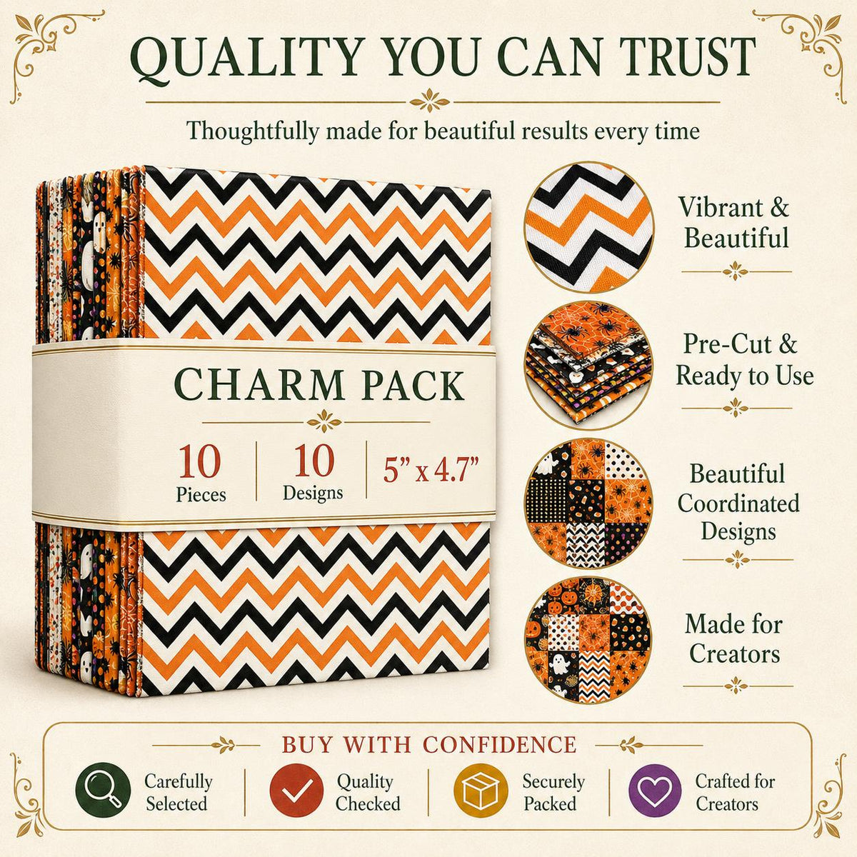 10pcs Charm Pack Set Pumpkin Bat Ghost Halloween Pattern Vintage Style Handmade DIY with Rich Color and Texture Elements 100% Polyester Patchwork in 10 Design Styles Suitable for Patchwork DIY Craft Projects DIY Wallet Making Gift Giving Bag Making Mother