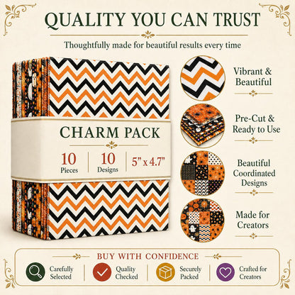 10pcs Charm Pack Set Pumpkin Bat Ghost Halloween Pattern Vintage Style Handmade DIY with Rich Color and Texture Elements 100% Polyester Patchwork in 10 Design Styles Suitable for Patchwork DIY Craft Projects DIY Wallet Making Gift Giving Bag Making Mother